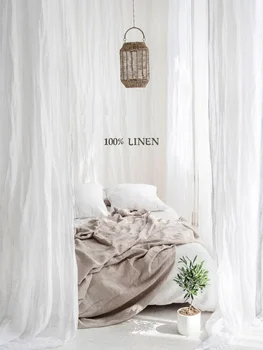 100% Льняные панели для занавесок из натурального льна, Прозрачные Белые льняные шторы для гостиной, спальни, кафе, дома