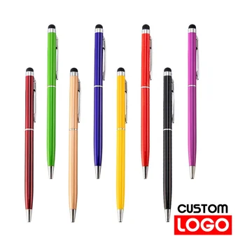 100 упаковок мини-пластикового стилуса 2-в-1, Универсальная шариковая ручка, Текстовая гравировка, Пользовательский логотип, Офисная школьная рекламная ручка