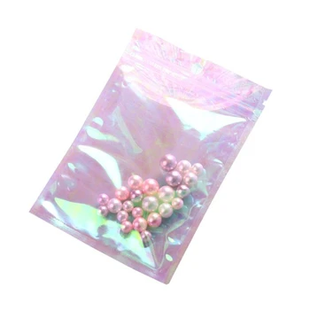 100шт Розовая Упаковка с голографической застежкой-молнией, Пузырчатая сумка, Плоские мешочки, Маленькие пластиковые пакеты с лазерным замком на молнии для косметических украшений