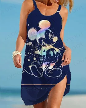 2022 Новое Летнее Вечернее платье с Микки Диснеем, Солнцезащитное платье с высокой талией, Корейское платье с Микки Маусом, Винтажное женское платье Vestidos Mujer