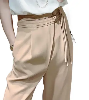 2023 Женская одежда с пряжкой в китайском стиле, широкие брюки со средней талией и широкими штанинами 0820