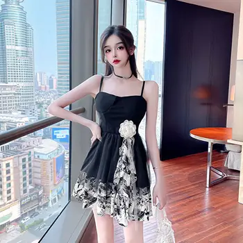 2023 Женское летнее платье с фрагментированными цветами, маленькая пышная юбка с пряными подтяжками для девочек в китайском стиле, бесплатная доставка