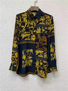 2023, Ранняя осень, Женская рубашка с отложным воротником, на пуговицах, с принтом в стиле Ретро, Женская блузка из 100% шелка