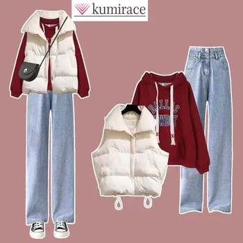 2023 Студенческая толстовка в корейском стиле, утолщенный жилет, Джинсы, Элегантные женские брюки из трех частей, Костюм, зимние теплые наряды