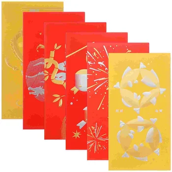 6 Шт Кошельки Новогодние Красные Пакеты 2024 Денежный Мешок Китайские Роскошные Бумажные Пакеты Конверты Вечерние