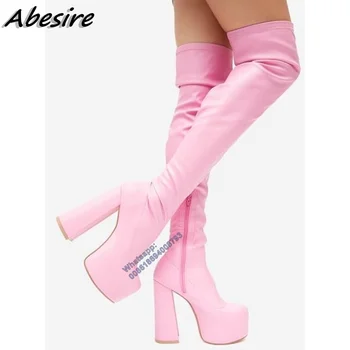 Abesire/ Розовые Сапоги выше колена На платформе с боковой молнией, Сапоги на высоком массивном каблуке, Женская обувь с круглым носком, красные, Фиолетовые botas de mujer