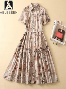AELESEEN Женское платье-рубашка из 100% хлопка, Модное Летнее Платье-рубашка с цветочным принтом и оборками, однобортное Элегантное Платье Миди для вечеринки, отпуска