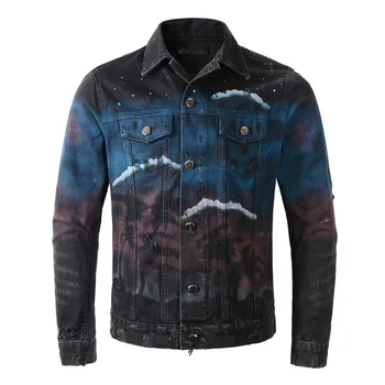 AM Trend Модная Мужская джинсовая куртка Люксового бренда с многоцветной росписью, хип-хоп Мужская Приталенная куртка на пуговицах, Высококачественное пальто