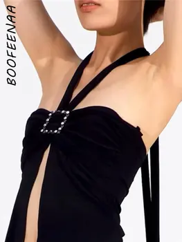 BOOFEENAA/ Пикантные женские топы с завязками на бретелях и открытой спиной, Летний Черный Укороченный топ 2023, Модная женская трендовая одежда C71-BB16