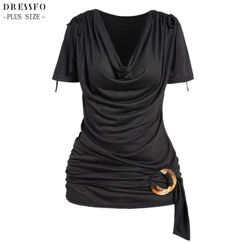 Dressfo, большие размеры, L-5XL, чистый черный цвет, Топы с короткими рукавами для женщин, Летнее уплотнительное кольцо с капюшоном, драпированная повседневная футболка