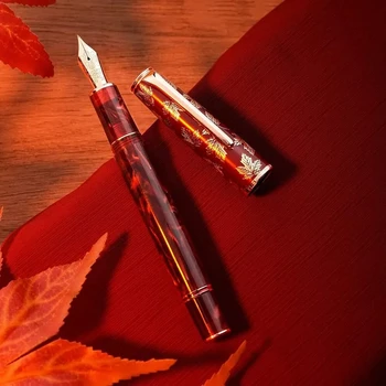 Hongdian N8, красная акриловая смола, перьевая ручка в виде кленового листа, Резной колпачок, отделка пера EF/F, Гладкая ручка для письма с конвертером, подарочные ручки