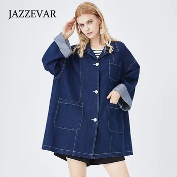 JAZZEVAR 2022 Осенний Новый дизайн, Свободное Прямое пальто, женское повседневное синее джинсовое пальто в стиле ретро, женское