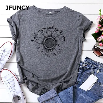 JFUNCY, женская летняя футболка с принтом подсолнуха, Женские рубашки из 100% хлопка, Свободные повседневные футболки, женские футболки
