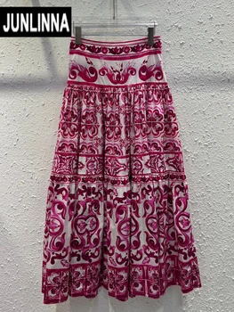 JUNLINNA/Модная юбка с фарфоровым принтом для подиума, Праздничное Женское Полуплатье в стиле Ампир, 100% Хлопок