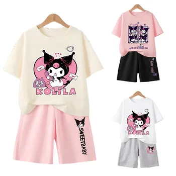 Kawaii Sanrio Kuromi/Детские костюмы, Летняя Милая футболка с короткими рукавами и героями мультфильмов для девочек, детская повседневная спортивная одежда в тонком срезе