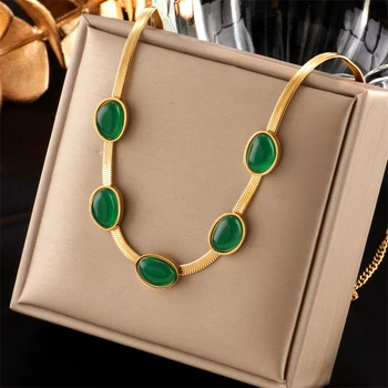 MEYRROYU 316L Stainless Steel Green Stone Jade Snake Chain Collar Necklaces For Women Party Gift New бижутерия для женщин Bijoux