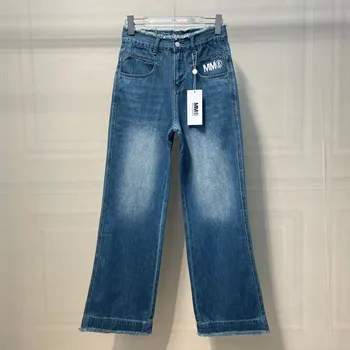 Mm6 Margiela/ Женские джинсы, Синие Джинсовые брюки с широким карманом на ногах и вышивкой букв, Хлопковые Повседневные свободные брюки с высокой талией