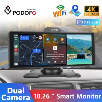 Podofo 10,26 Дюймовый Автомобильный Видеорегистратор Портативный Приводной Рекордер IPS Экран Зеркальная камера Автомобильный монитор Поддержка Carplay Android Auto 64G TF Карта