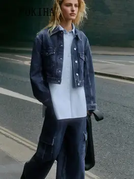 Pokiha/ модная женская новая джинсовая укороченная куртка с боковыми карманами, пальто, винтажная женская верхняя одежда с длинными рукавами и пуговицами спереди, шикарные топы