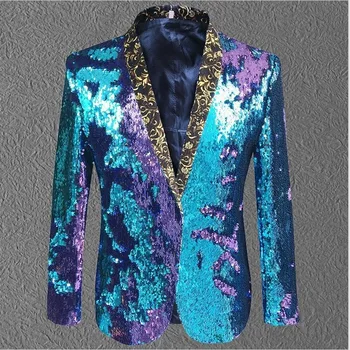 S-5XL, мужской костюм с двухцветными блестками, куртка в стиле панк, ночной клуб, бар, ди-джей, Модный Блейзер с пайетками, Сценические костюмы певцов