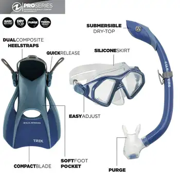 Snorkeling Diving Kit Set, 2-Window Mask, Dry-Top Snorkel, Compact Fins, Blue, Medium шапочка для плавания Swi