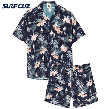 SURFCUZ/Мужская Гавайская рубашка и шорты для плавания, комплекты одежды для отдыха из 2 предметов, Повседневные Пляжные Костюмы с цветочным рисунком на пуговицах, Гавайские Комплекты