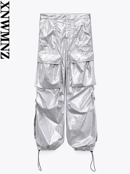 XNWMNZ, женская мода 2023, блестящие брюки-карго, высокая уличная модель, накладной карман на молнии со средней талией, подол, женские брюки с завязками