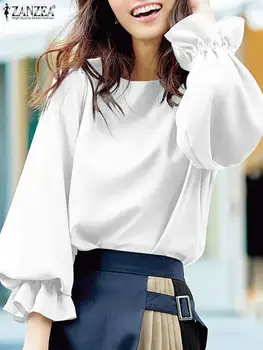 ZANZEA Модная однотонная блузка с пышными рукавами, рубашка с круглым вырезом, Корейские рабочие OL Элегантные рубашки, весенние женские топы в богемном стиле 2023