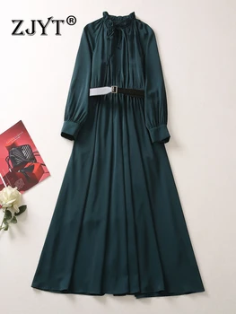 ZJYT Летнее Платье Макси с длинным рукавом для Женщин 2023, Дизайнерское Элегантное Зеленое Вечернее Платье с Гофрированным Воротником, Vestidos Para Mujer, Модные Халаты