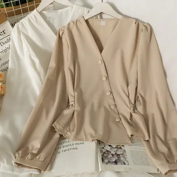 Весенне-Осенняя Белая Абрикосовая рубашка с пышными рукавами, Женские офисные рубашки с V-образным вырезом и галстуком-бантом, Женские повседневные блузки с длинными рукавами и пуговицами, Mujer