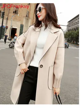 Весенне-осенняя корейская версия шерстяного однотонного пальто, Женский Свободный тонкий твидовый тренч средней длины для женщин