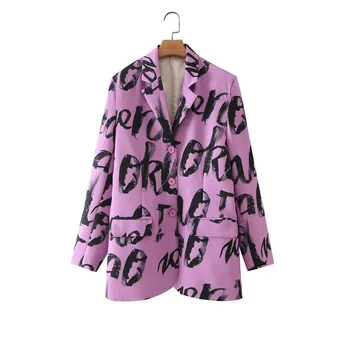 Весенний винтажный женский костюм с буквенным принтом в виде граффити, пиджак с зубчатым воротником и длинным рукавом, однобортные женские блейзеры, повседневная мода
