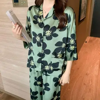 Весенний новый пижамный костюм из 2 предметов, повседневное атласное ночное белье, комплект для сна с цветочным принтом, Интимное белье, Женская домашняя одежда, пижамы