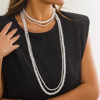 Винтажное многослойное длинное жемчужное ожерелье для женщин, индивидуальное ожерелье с длинной цепочкой, Свитер, ожерелье, Эффектное ювелирное изделие для вечеринки