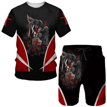 Винтажный комплект Knight Templar, Летняя мужская футболка, Шорты, Повседневная уличная одежда, модный костюм Оверсайз, мужская одежда с круглым вырезом