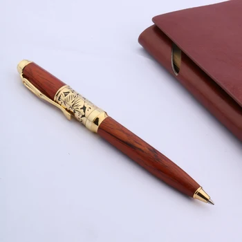 Высококачественная шариковая ручка из красного дерева 023 в стиле ретро с золотым рельефом, канцелярские принадлежности, школьные принадлежности, фирменные чернила, Шариковая ручка