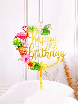 Гавайский Топпер для торта на День рождения с Фламинго Glod, Акриловое Украшение для торта с кокосовым орехом с Фламинго, Летние Принадлежности для Вечеринки на Гавайях С Днем Рождения