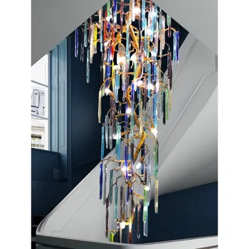 Двухуровневая лестница Длинная Люстра Американская Медная ветка Хрустальная лампа Полая лампа для гостиной Вилла Роскошный потолочный светильник на Заказ