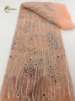 Дубайская кружевная ткань ручной работы с бисером 2023, Высококачественные красочные кружевные ткани с африканскими блестками, Роскошная швейная ткань для женского платья