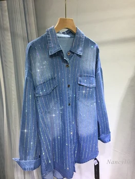 Европейская джинсовая рубашка с тяжелой вышивкой и горячим сверлением, женские синие рубашки средней длины свободного кроя, осенние новые уличные топы