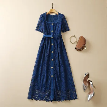 Европейская и американская женская одежда 2023, весенняя новинка, Короткий рукав, синее, выдолбленное, водорастворимое, цветочное плиссированное платье XXL
