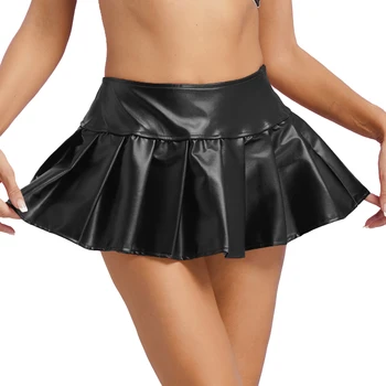 Женская латексная мини-юбка в складку, мини-юбка из искусственной кожи, Юбка трапециевидной формы на потайной молнии Сбоку, Модная теннисная юбка для катания на коньках, Сексуальная клубная одежда