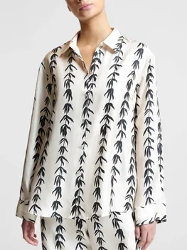 Женская рубашка с длинными рукавами из 100% шелка с принтом в виде листьев 2023, новая модная однобортная винтажная блузка с отложным воротником ранней осенью