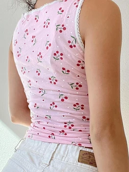 Женская сетчатая майка без рукавов в стиле пэчворк с вишневым принтом, стильная летняя повседневная приталенная футболка для уличной одежды