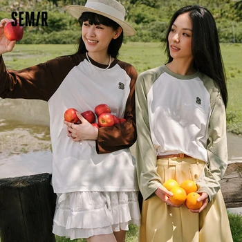 Женская футболка Semir 2023 с длинными рукавами, осенняя новинка, хлопок средней длины, повседневный топ оверсайз контрастного цвета с вышивкой для женщин