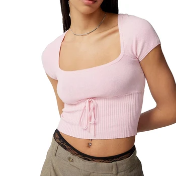 Женские летние облегающие топы, однотонная трикотажная футболка с коротким рукавом и квадратным вырезом и завязками, уличная одежда