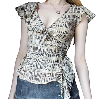 Женские Летние облегающие топы, Модная футболка с коротким рукавом и глубоким V-образным вырезом, повязка с принтом, футболка с рюшами, уличная одежда