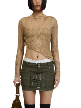 Женские открытые вязаные топы, Модный пуловер с длинным рукавом, круглый вырез, асимметричный укороченный топ, свитер, Сексуальный женский трикотаж, уличная одежда