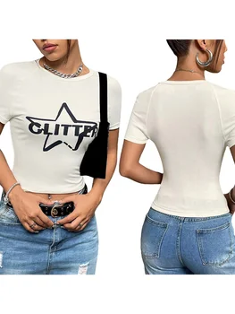Женские футболки для маленьких девочек Y2K, круглый вырез, короткий рукав, Элегантный графический принт, укороченный топ в стиле фея Гранж, уличная одежда
