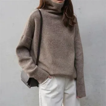 Женский свитер с высоким воротом, новый стиль для осени и зимы, свободный и томный трикотаж, универсальная трикотажная майка